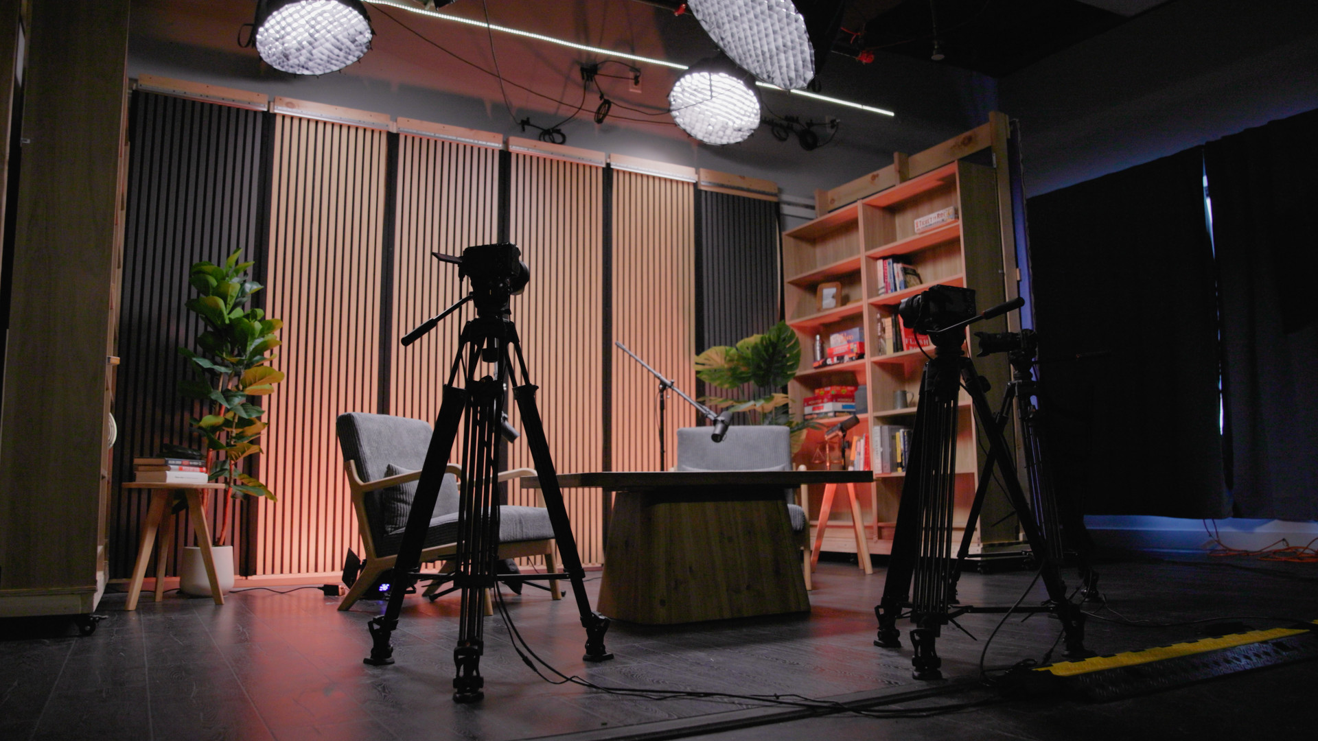 The Studio Six set in Brooklyn, lit and ready with cameras on tripods